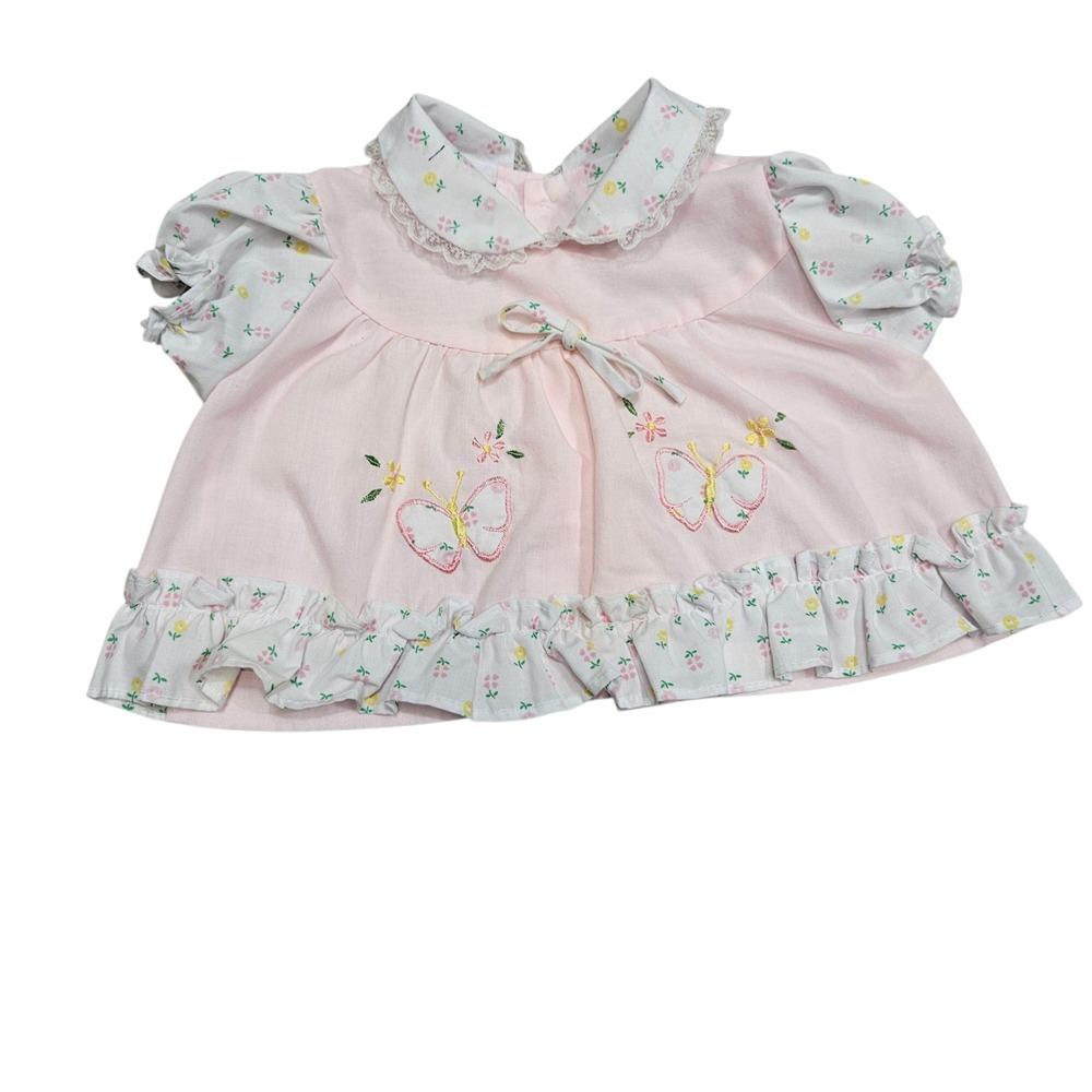Vintage 90s Cradle Baby Dress 0-6M Pink Butterfly Embroidery Ruffle Collar